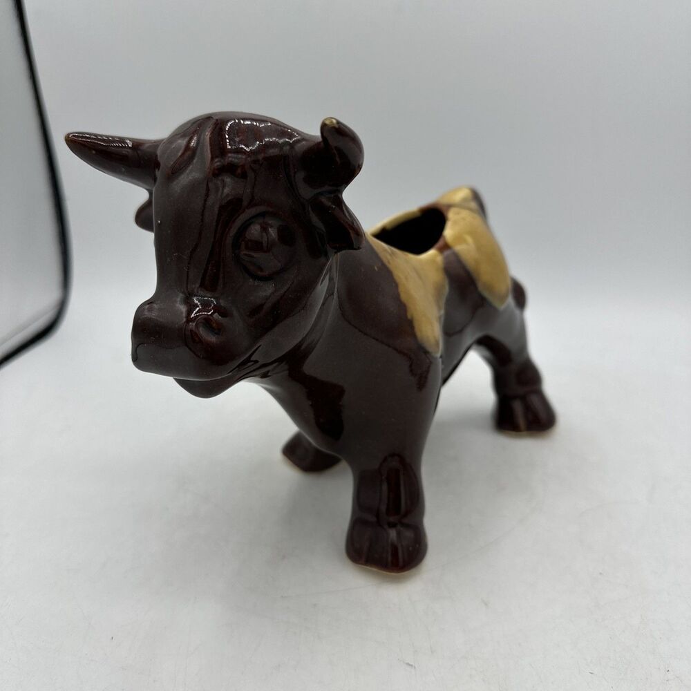 Vintage Bull Planter McCoy Ferdinand 6.5” Brown Drip Glaze - Picture 3 of 15